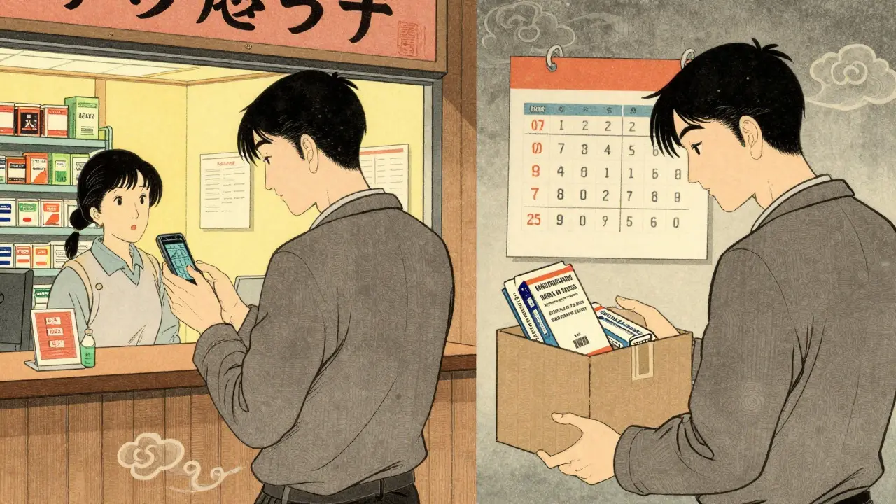 Comparison of local coupon vs online bulk med purchase in ukiyo-e style