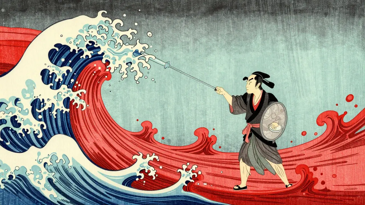 Conceptual battle between swelling red vessels and calming blue saline waves