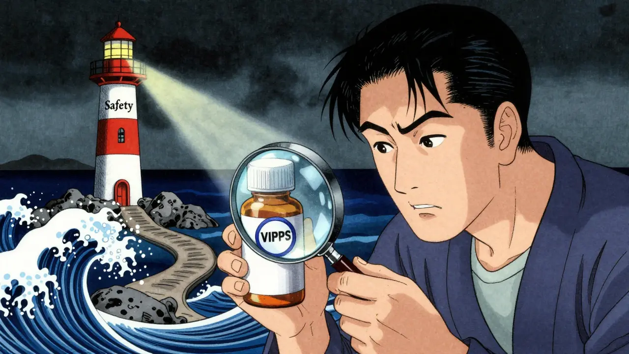 Consumer verifying safe medication with magnifying glass in ukiyo-e style