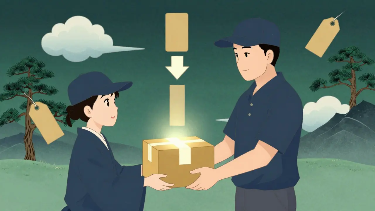 Delivery of medication package with cost-saving symbols in ukiyo-e art