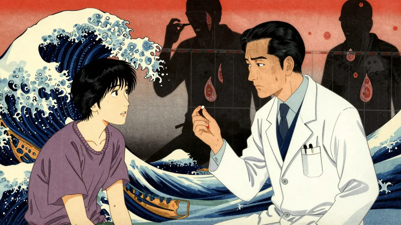 Doctor hesitating to give pill again, shadow risks in ukiyo-e style