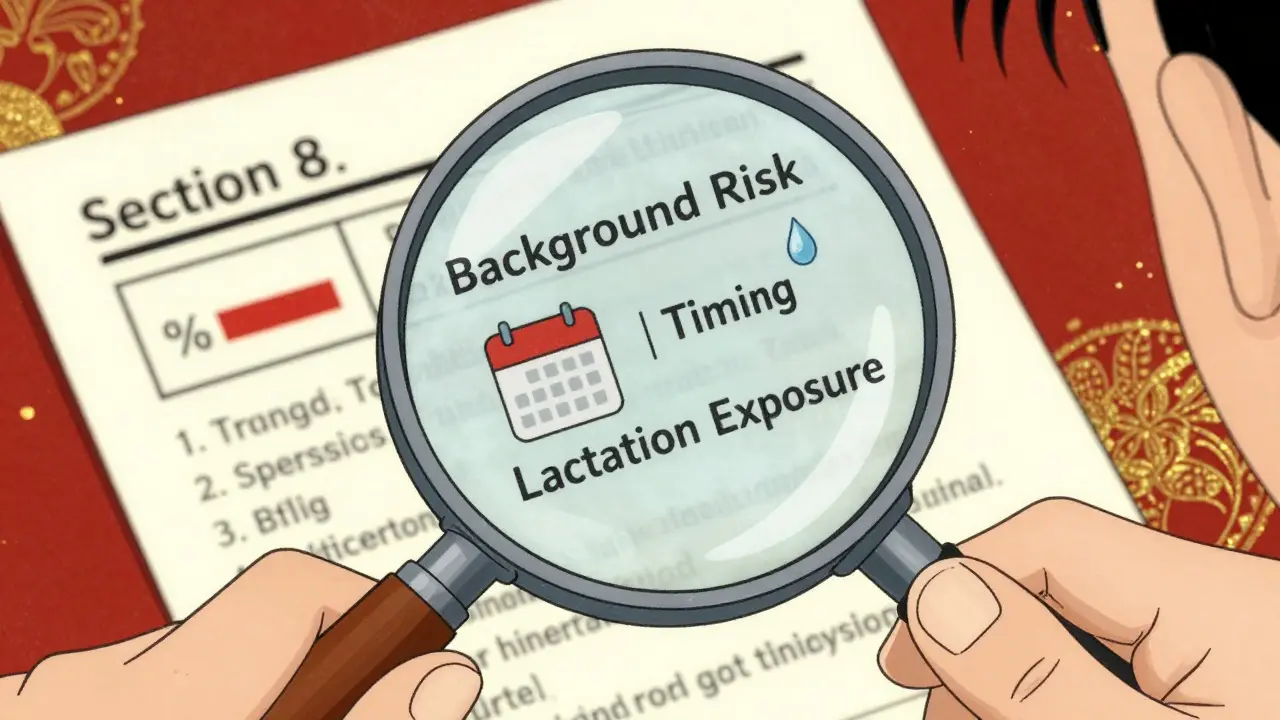 Magnifying glass revealing clear risk data sections on a drug label.