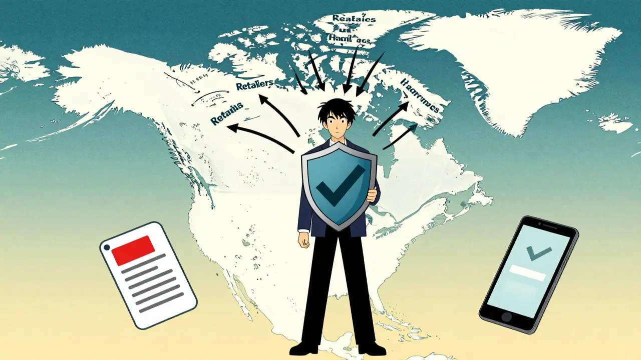 Map of North America showing safe online pharmacy options in woodblock style