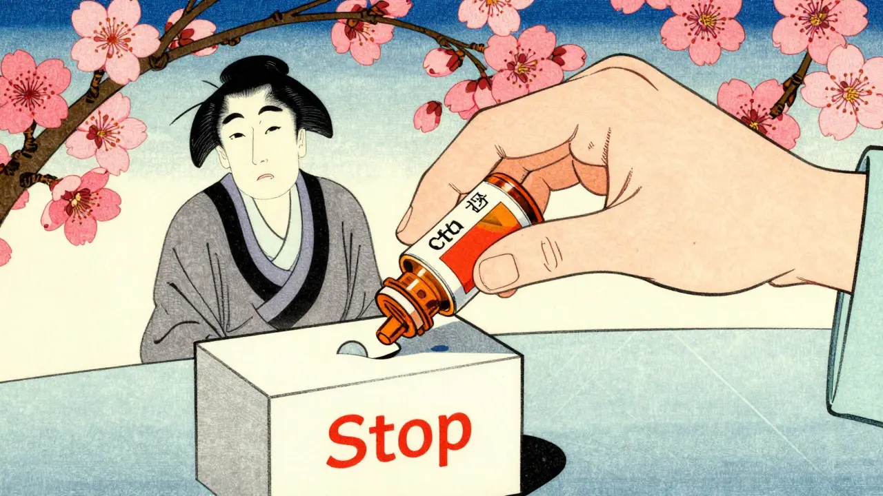Medicine stopped and patient recovering with cherry blossoms, ukiyo-e art
