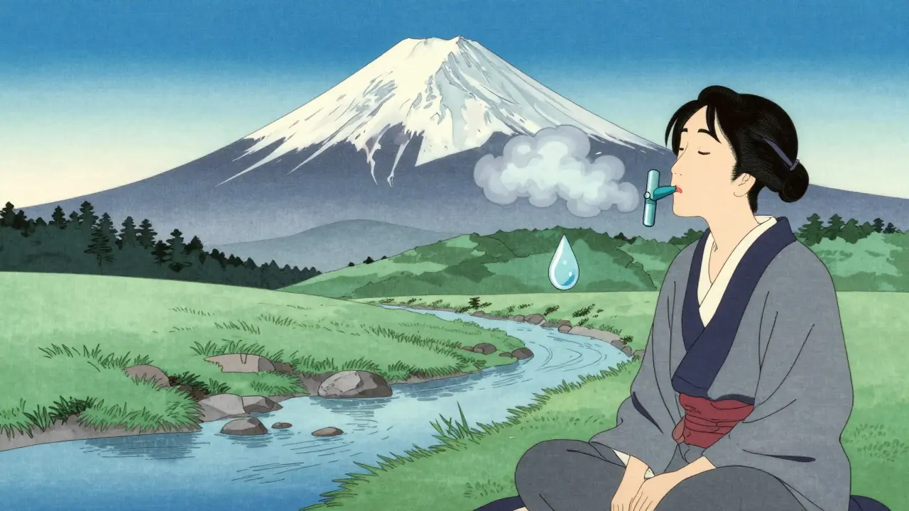 Peaceful figure breathing easily near a stream with healing mist symbols