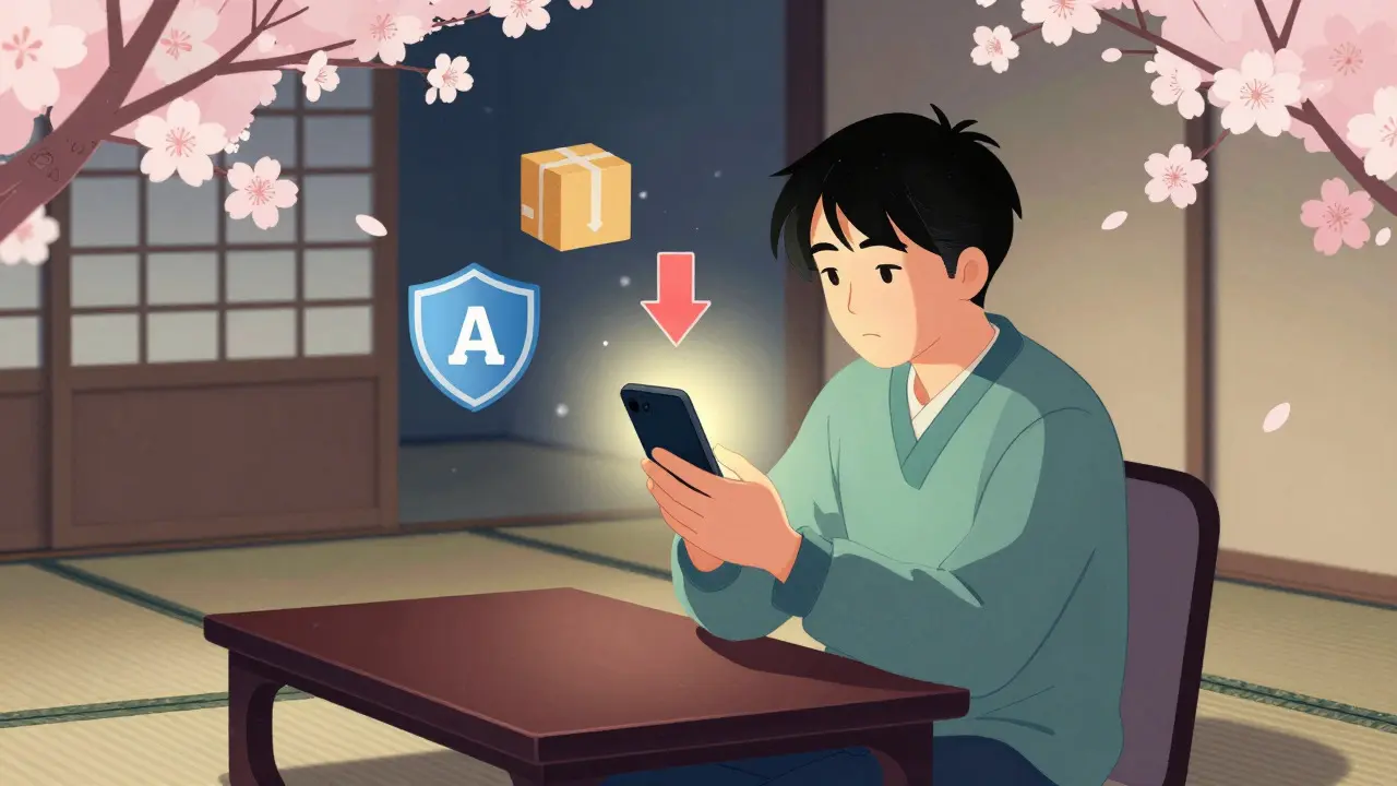Person shopping safely for medication online amidst cherry blossoms