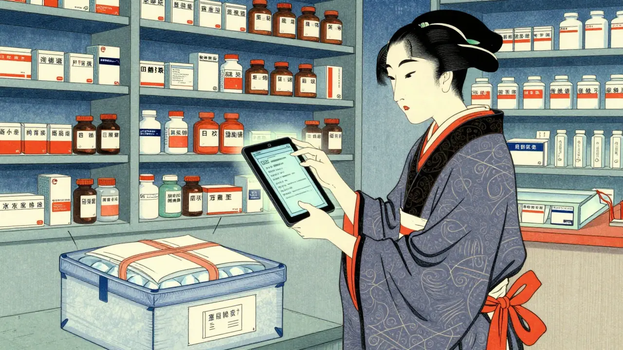Pharmacist preparing insulated medicine delivery box in cartoon style
