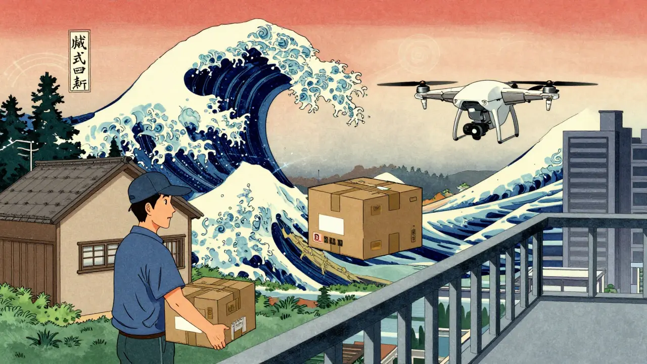 Split view of rural and urban medicine delivery with drones