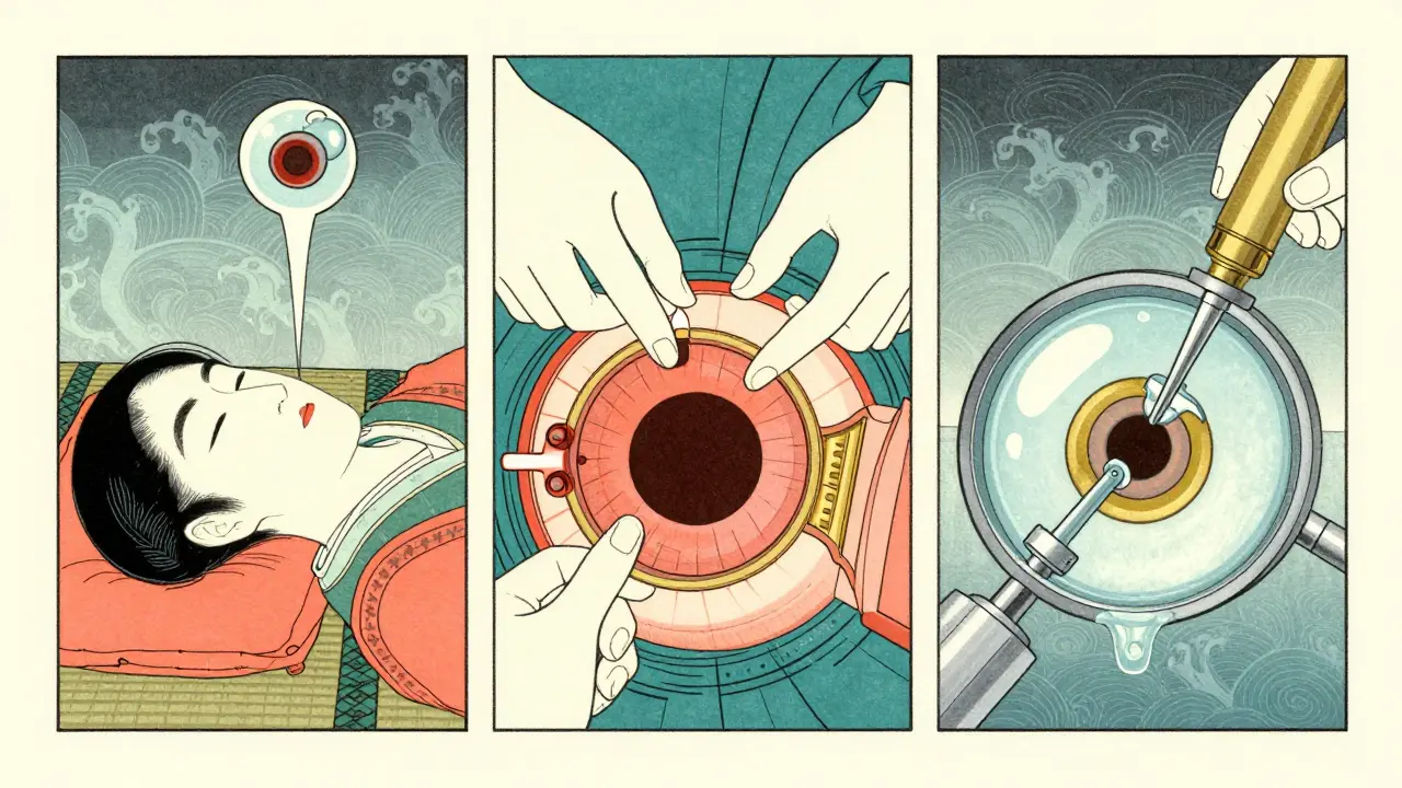 Three-panel ukiyo-e art comparing pneumatic, buckling, and vitrectomy surgeries