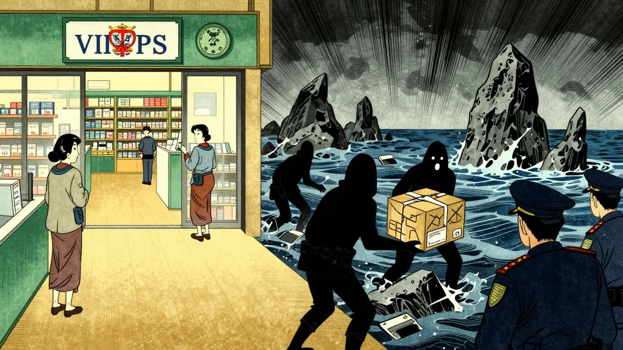 Ukiyo-e art contrasting safe local pharmacy purchases with risky international drug imports.