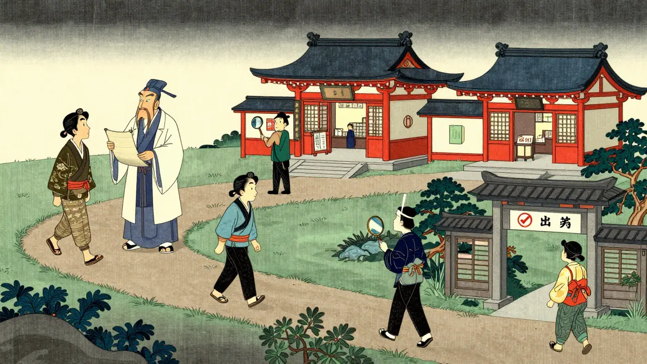 Ukiyo-e style cartoon showing steps to safely buy affordable prescription medication.