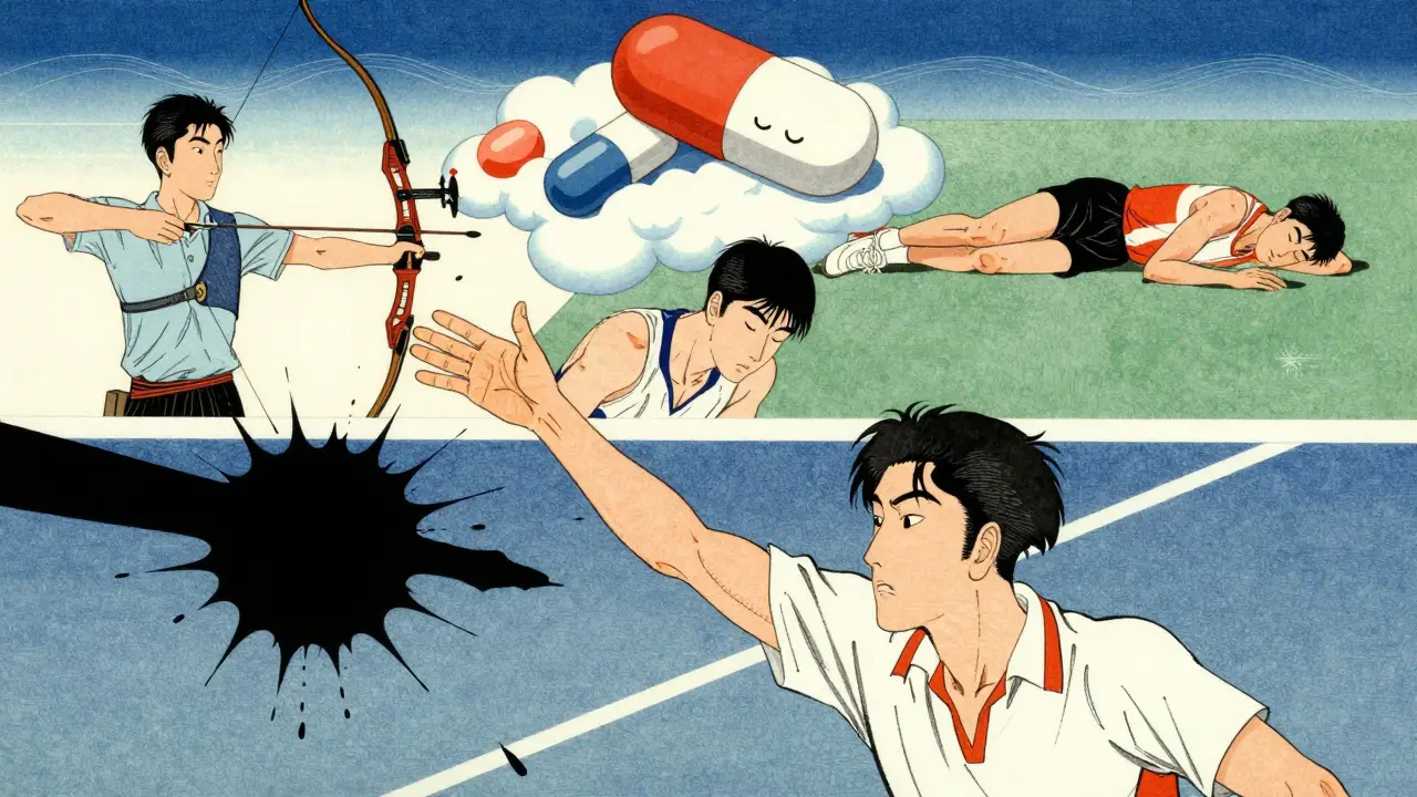 Athletes affected by medication side effects in woodblock art style