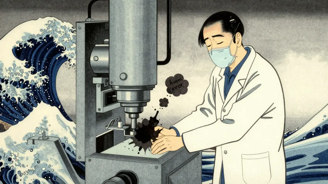 Cartoon of a fatigued worker near machinery with visual cues of error