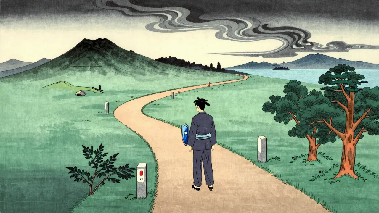 Figure walking a path with checkpoints, symbolizing ongoing health monitoring and safety