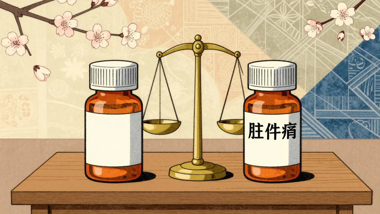 Generic and brand pills balanced on a scale showing equality