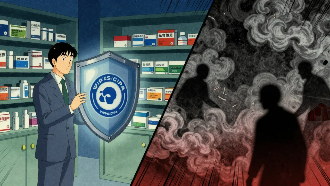 Japanese woodblock print style contrast between safe accredited pharmacies and risky scams