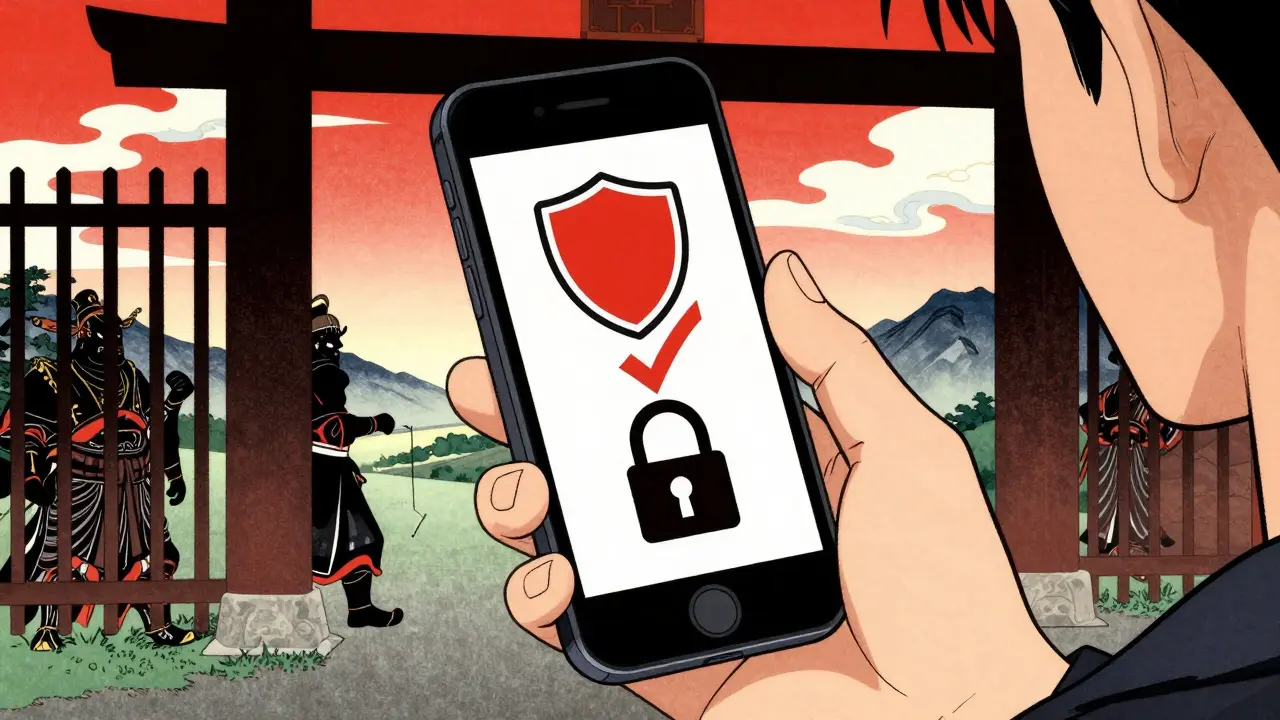 Person checking phone for pharmacy safety certifications
