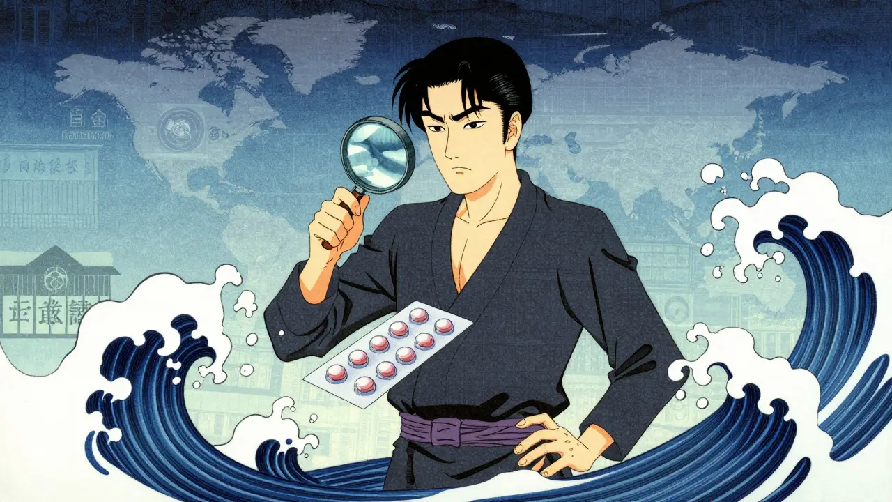 Person using magnifying glass to check pills with protective waves