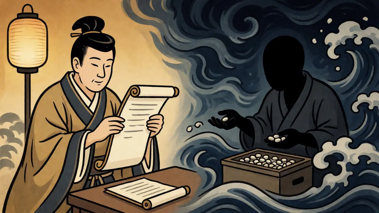 Safe pharmacy versus risky online seller depicted in woodblock art