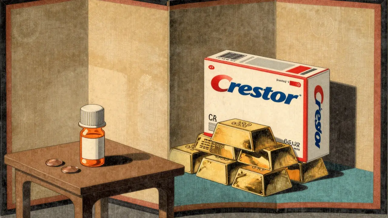 Split screen comparing cheap generic pills vs expensive brand