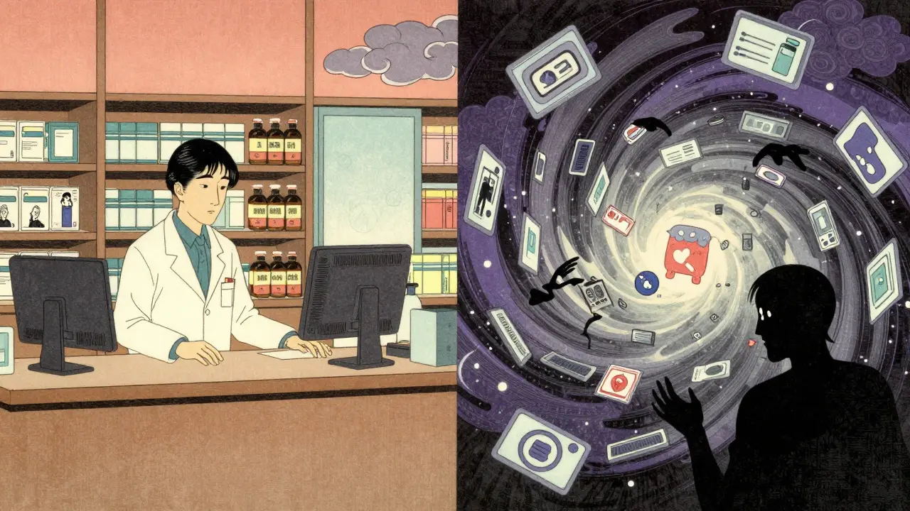 Split view comparing safe pharmacy vs risky online buying in ukiyo-e style
