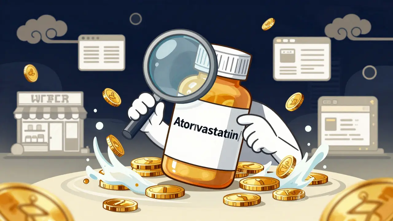 Stylized illustration of checking generic medication prices with floating gold coins