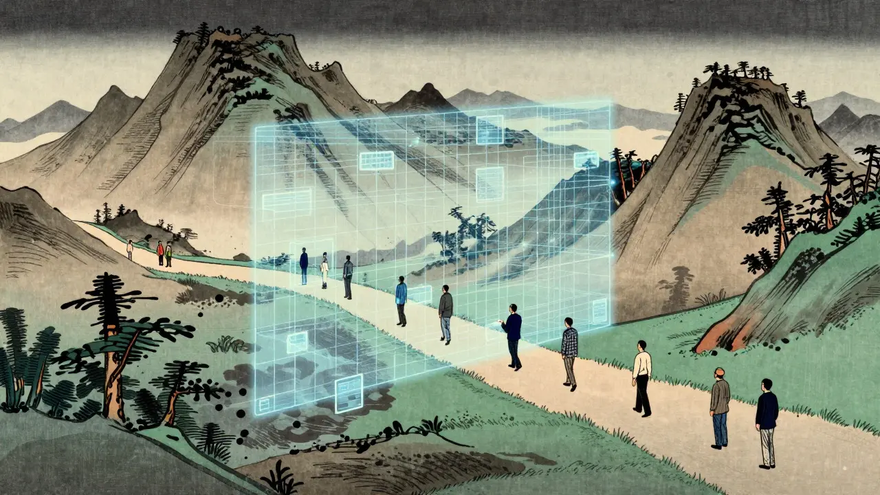 Ukiyo-e inspired image blending traditional landscapes with digital grids for AI drug review.