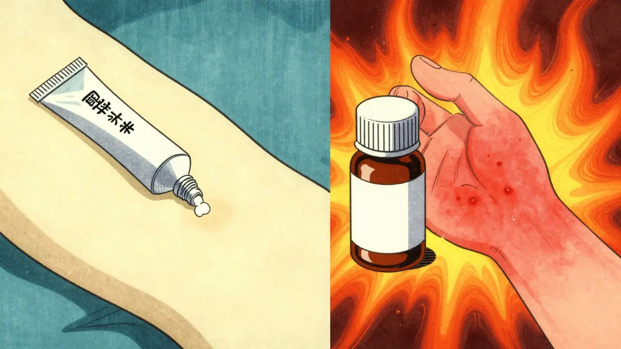 Ukiyo-e style illustration comparing topical cream application with oral antibiotic use