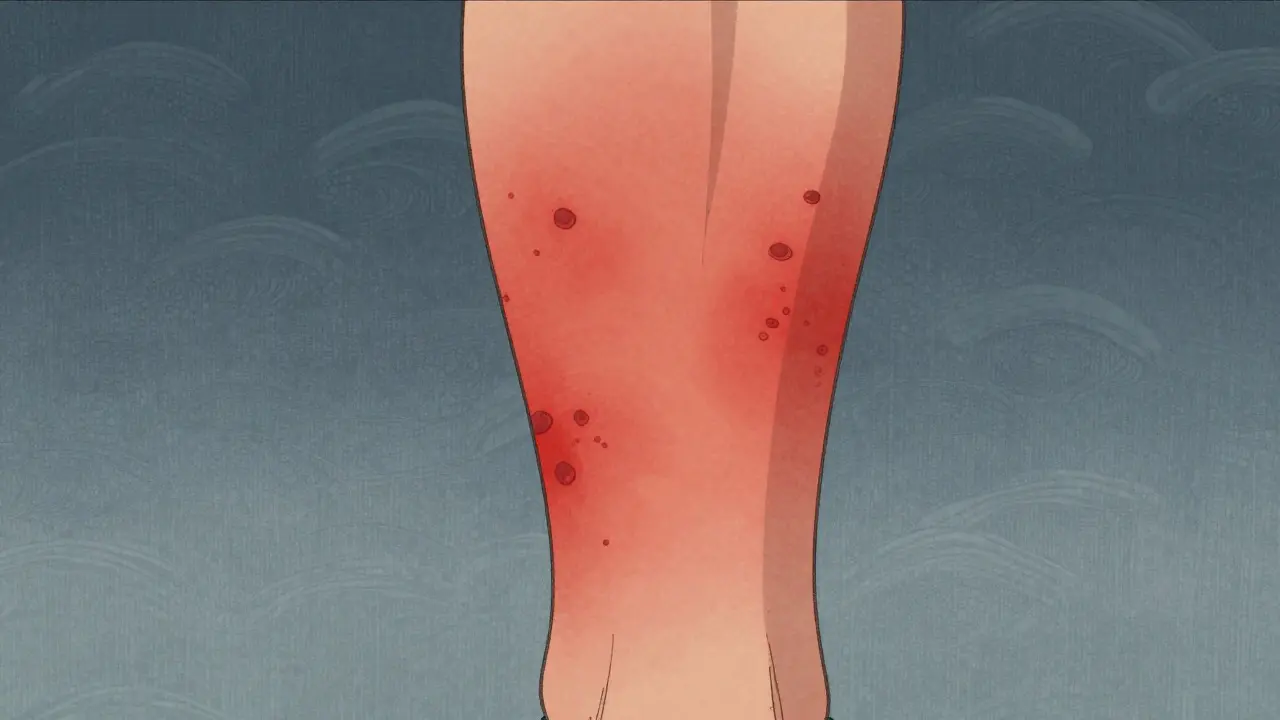 Ukiyo-e style illustration of a swollen, red leg showing symptoms of cellulitis