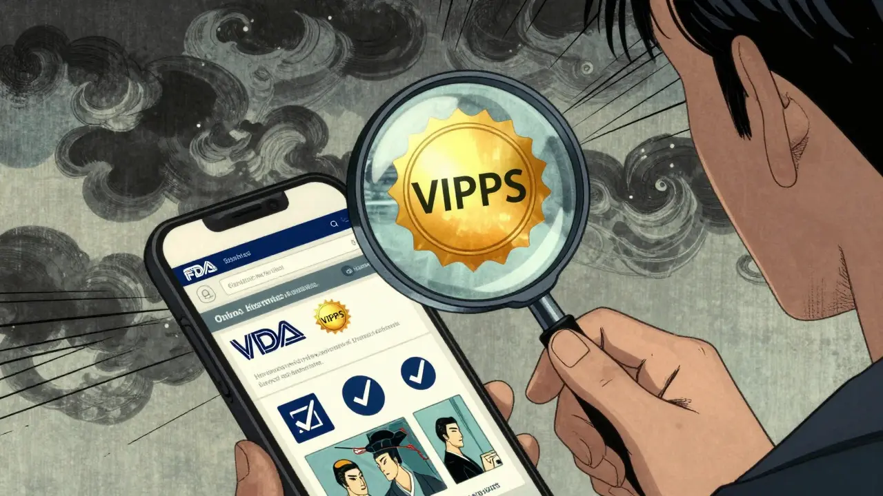 Verifying safe online pharmacy with magnifying glass