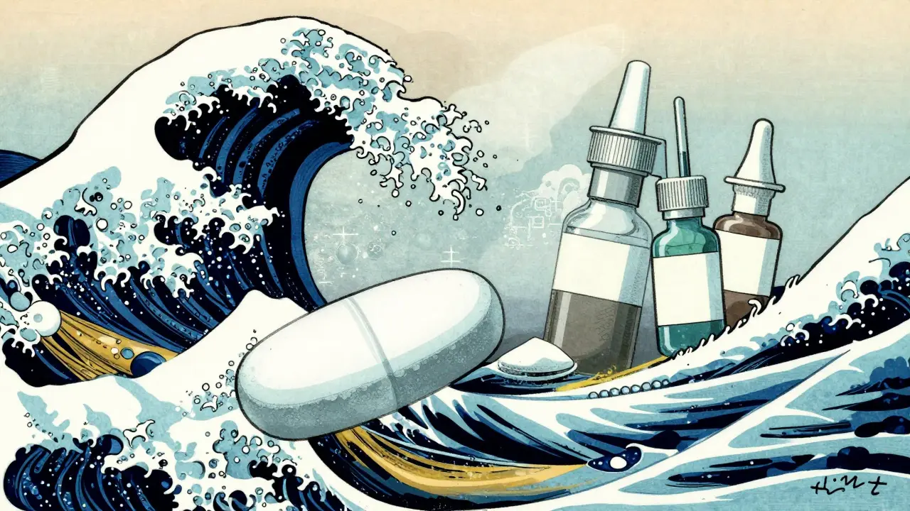 Woodblock print style art showing simple pills vs complex drugs amidst stylized ocean waves.