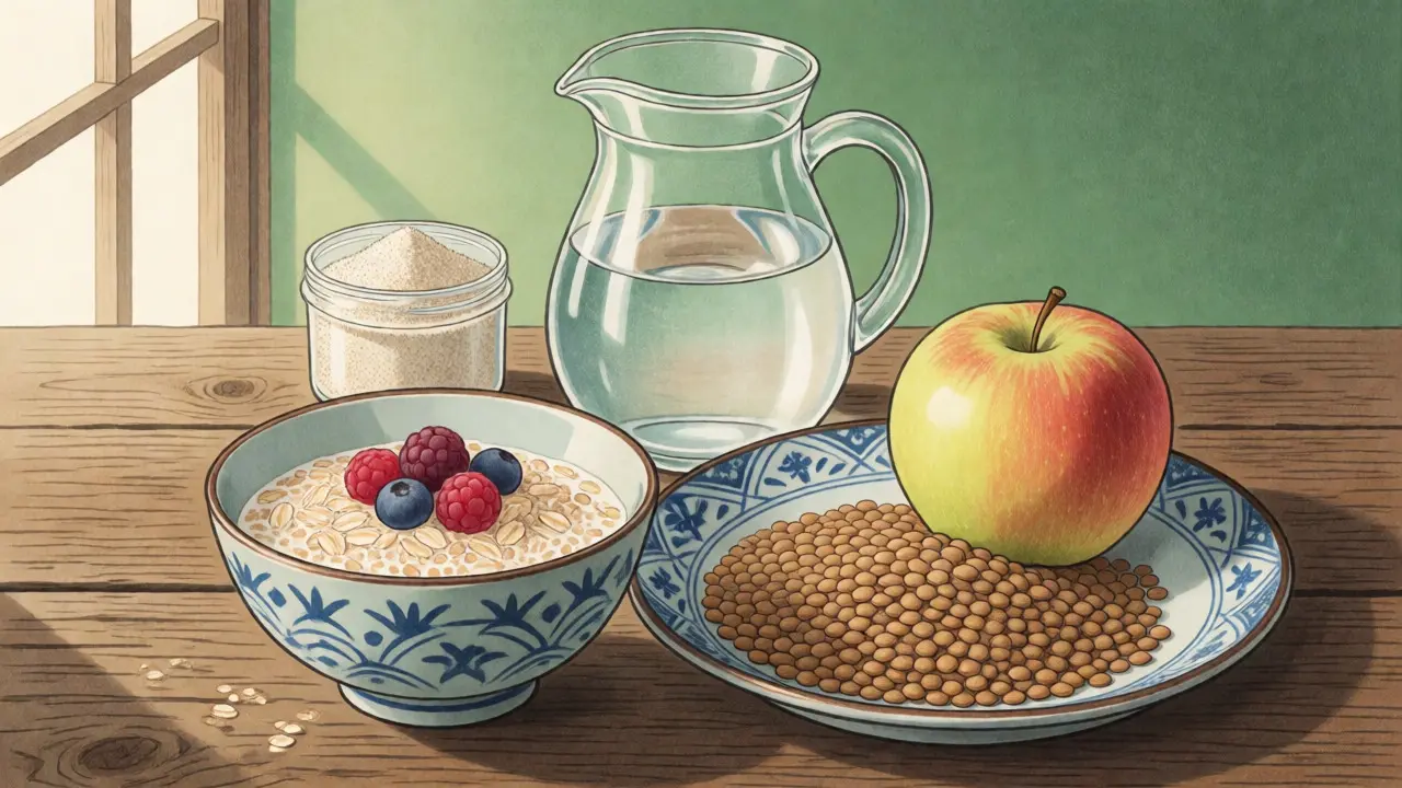 Artistic still life of fiber-rich foods including oats, lentils, apples, and water arranged in a traditional Japanese style.