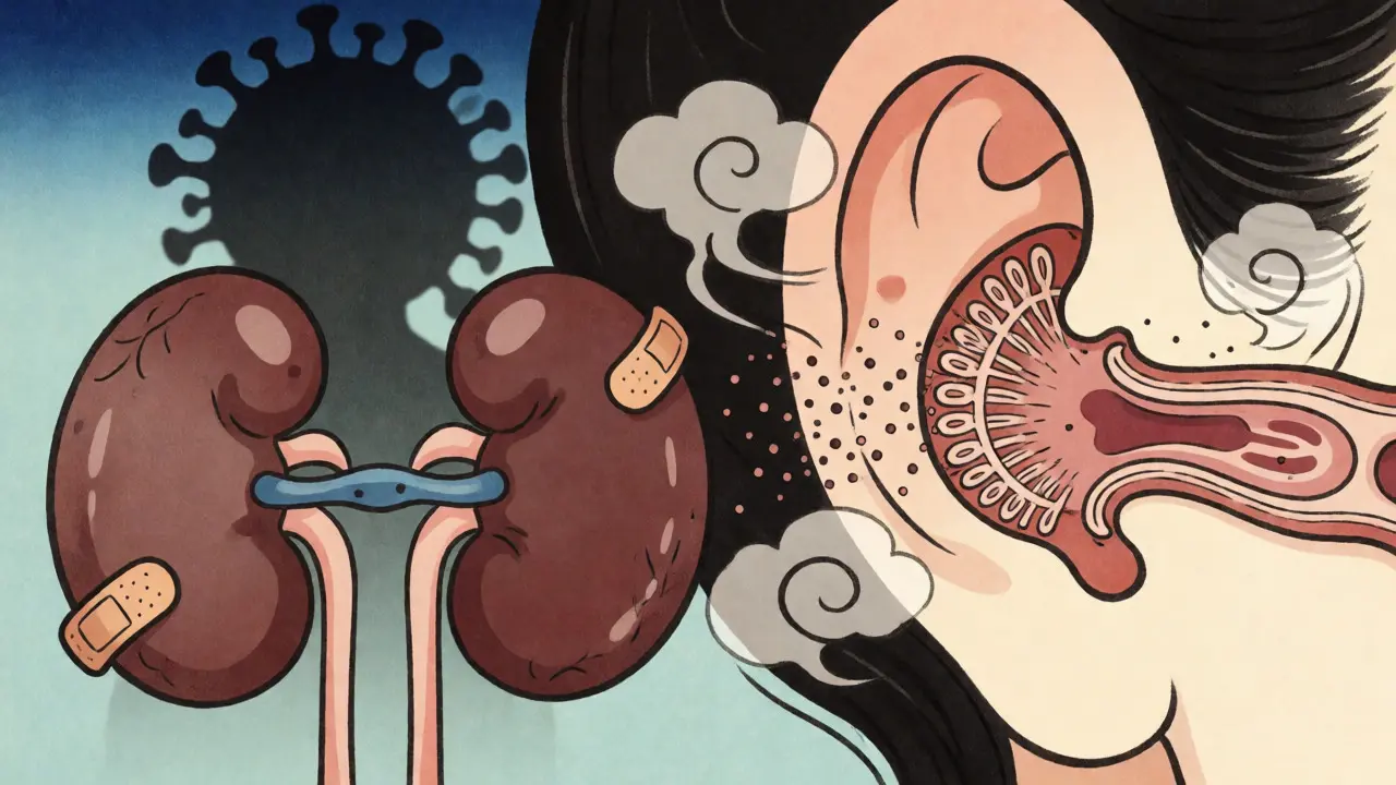 Reversible kidney injury versus permanent hearing loss illustrated artistically