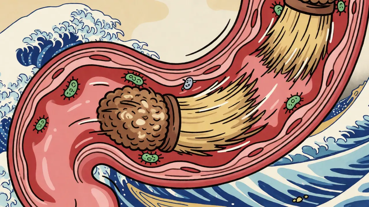 Stylized cross-section of the intestine showing insoluble fiber acting as a broom to sweep waste through the digestive tract.